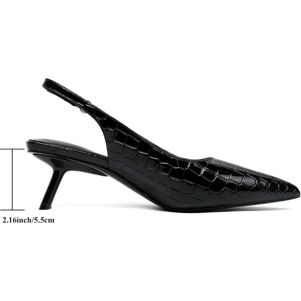 Women's Black Pointed Toe Pumps Patent Leather Low Heel Slingback with Buckle